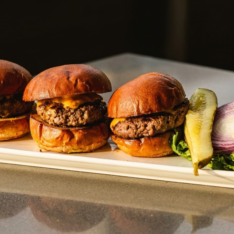 Three cheeseburger sliders on brioche buns with a side of lettuce, tomato, red onion, and a pickle.