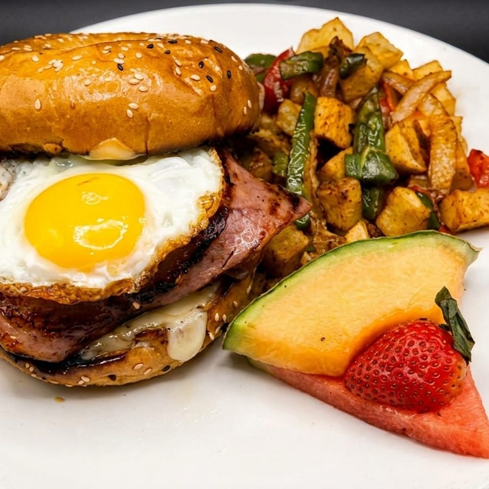 Breakfast sandwich with fried egg, ham, and cheese, served with potatoes, peppers, and fruit.