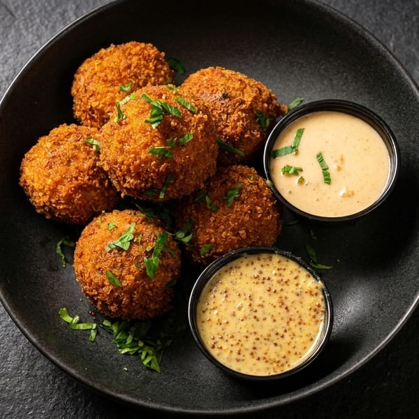 Crispy golden-brown arancini balls, garnished with parsley, served with two dipping sauces on a dark plate.