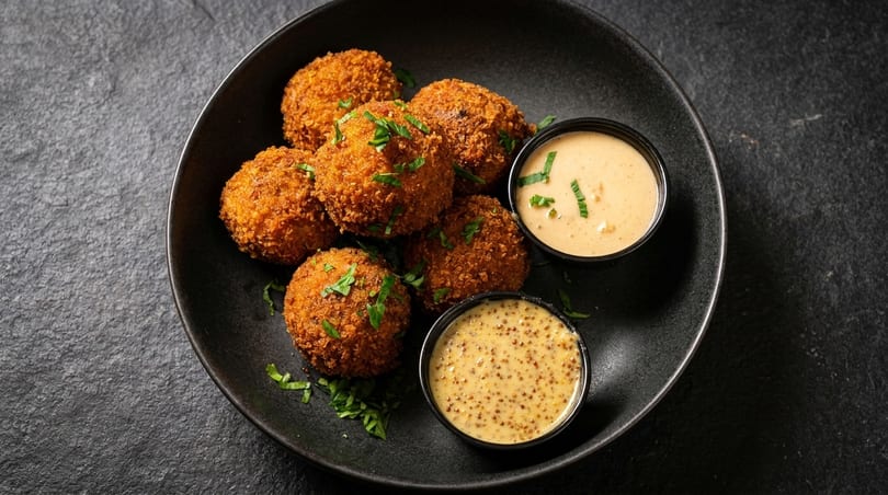 Crispy golden-brown arancini balls, garnished with parsley, served with two dipping sauces on a dark plate.