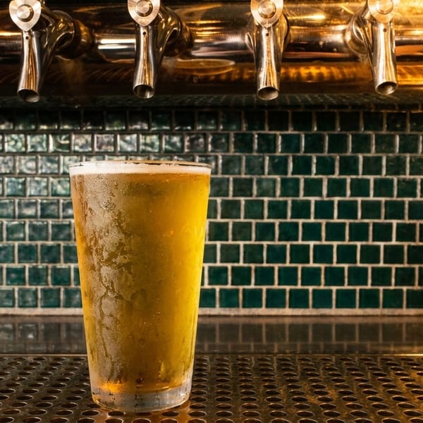 A frosty glass of beer sits on a bar counter with beer taps and green tiled wall in the background.