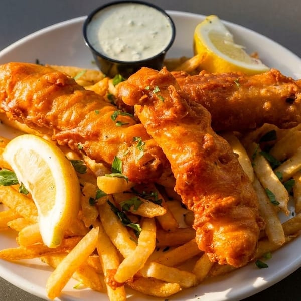 Golden-brown fish and chips with lemon wedges and tartar sauce on a white plate.