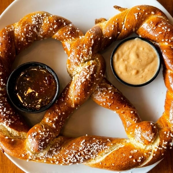 A large, salted pretzel with two dipping sauces, one dark and one light, on a white plate.