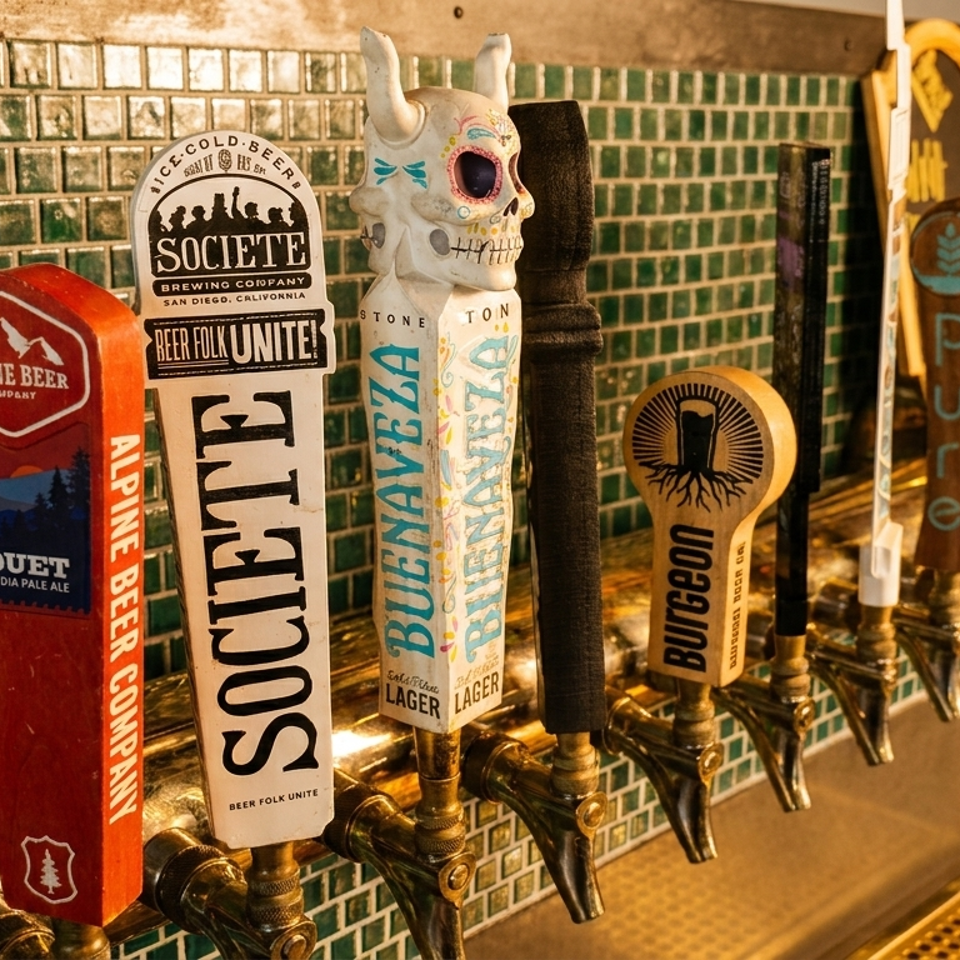 A row of diverse beer tap handles, including Alpine Beer, Societe, and Buenaveza, against a green tiled wall.