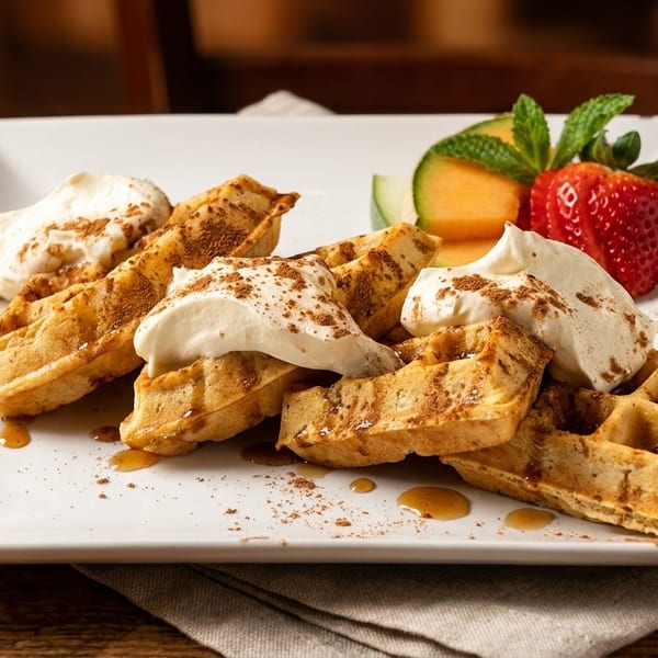 Waffles with whipped cream, cinnamon, syrup, strawberry, cantaloupe, and mint on a white plate.