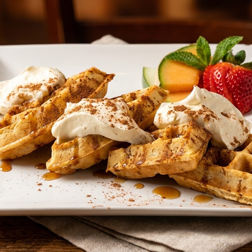 Waffles with whipped cream, cinnamon, syrup, strawberry, cantaloupe, and mint on a white plate.