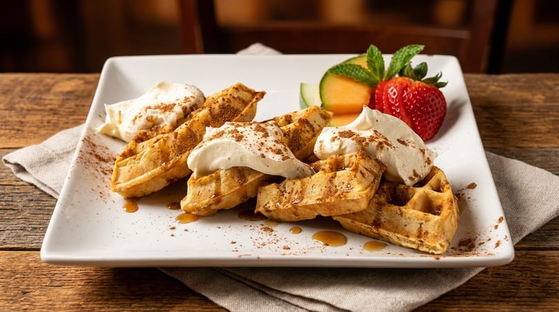 Waffles with whipped cream, cinnamon, syrup, strawberry, cantaloupe, and mint on a white plate.